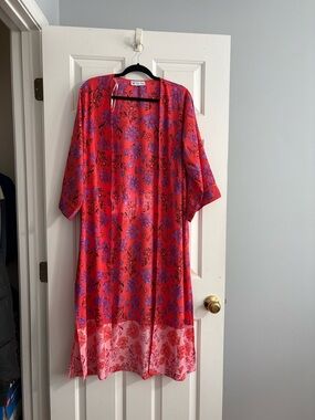 Jessica Simpson Bright Red Floral Duster with Purple Print